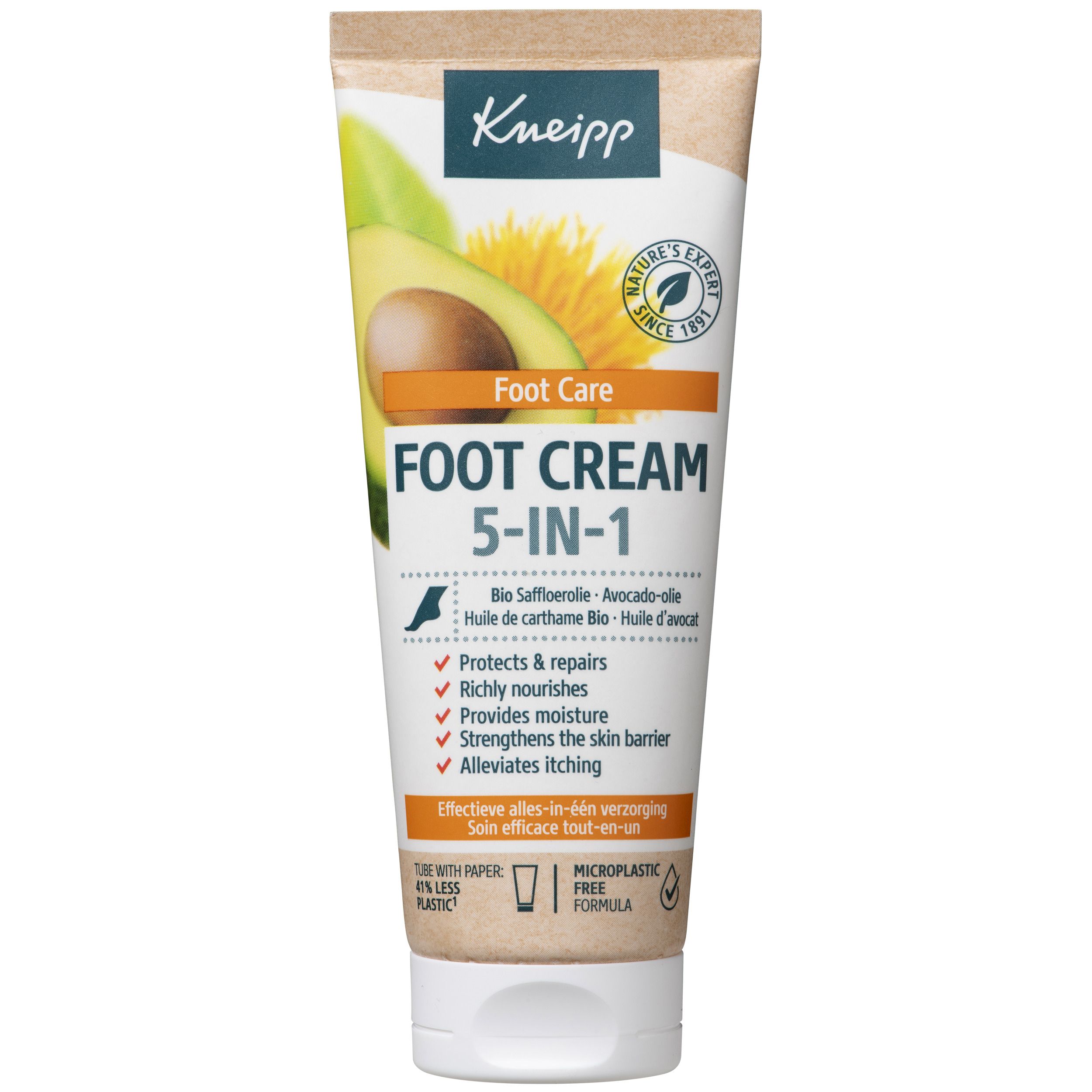 Dos du tube de crème pour les pieds. Marque Kneipp. Crème pieds 5-en-1. Contient des informations sur les ingrédients et l'utilisation.