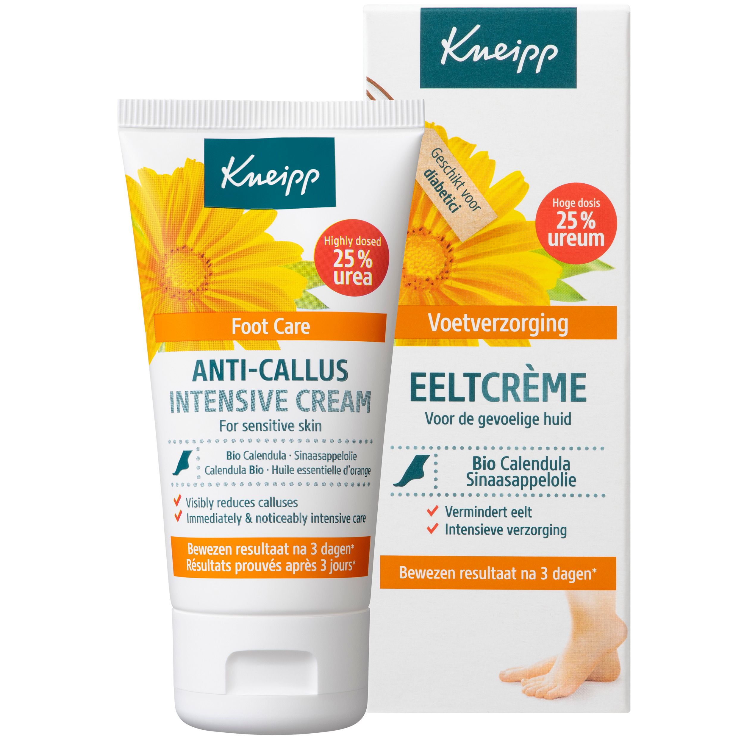 Tube Kneipp® Eeltcrème. Tube blanc avec impression jaune. Contient 25% d'urée. Pour peaux sensibles. 50ml.