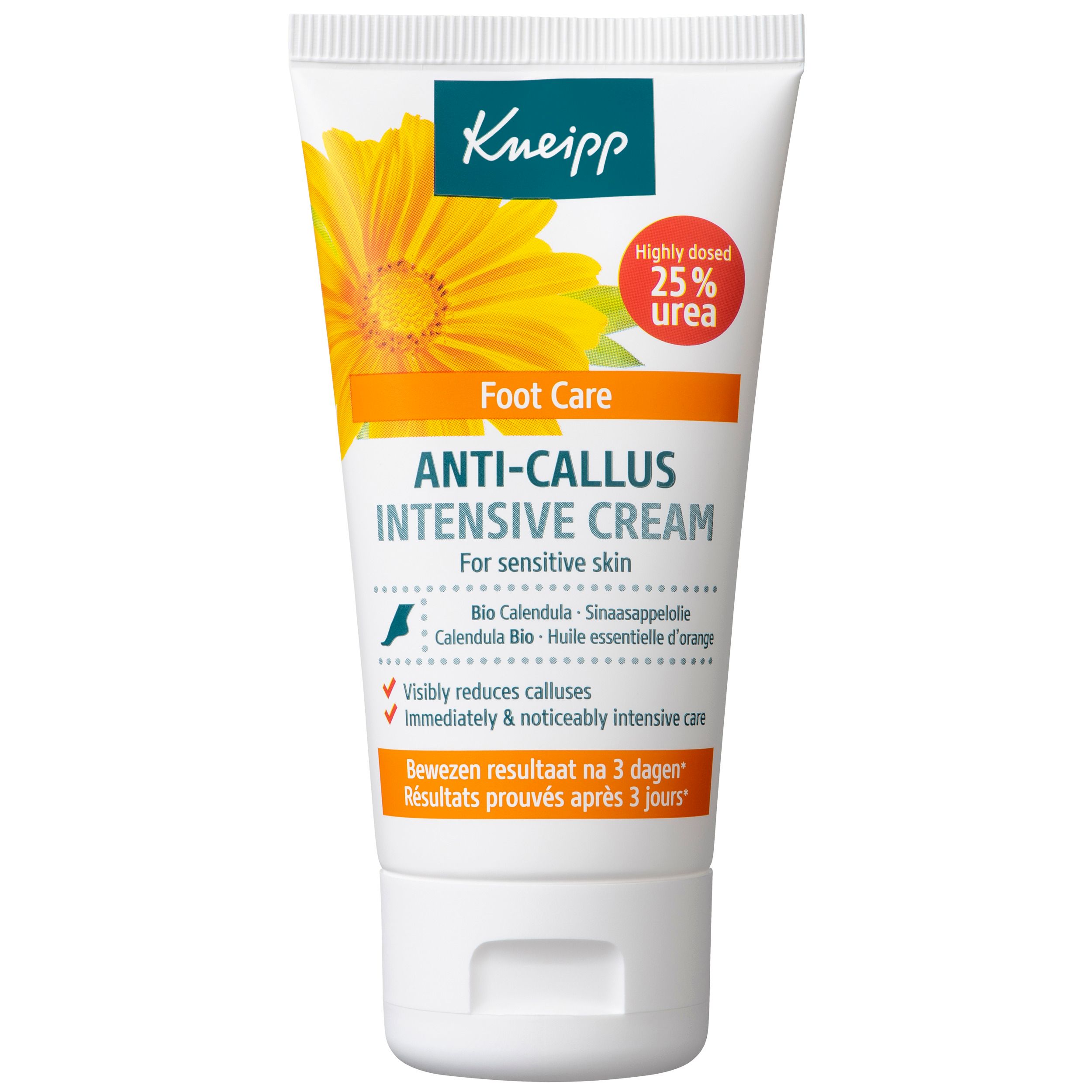 Dos du tube de Kneipp® Eeltcrème. Texte en néerlandais. Contient 25% d'urée. 50ml. Avertissements et ingrédients.