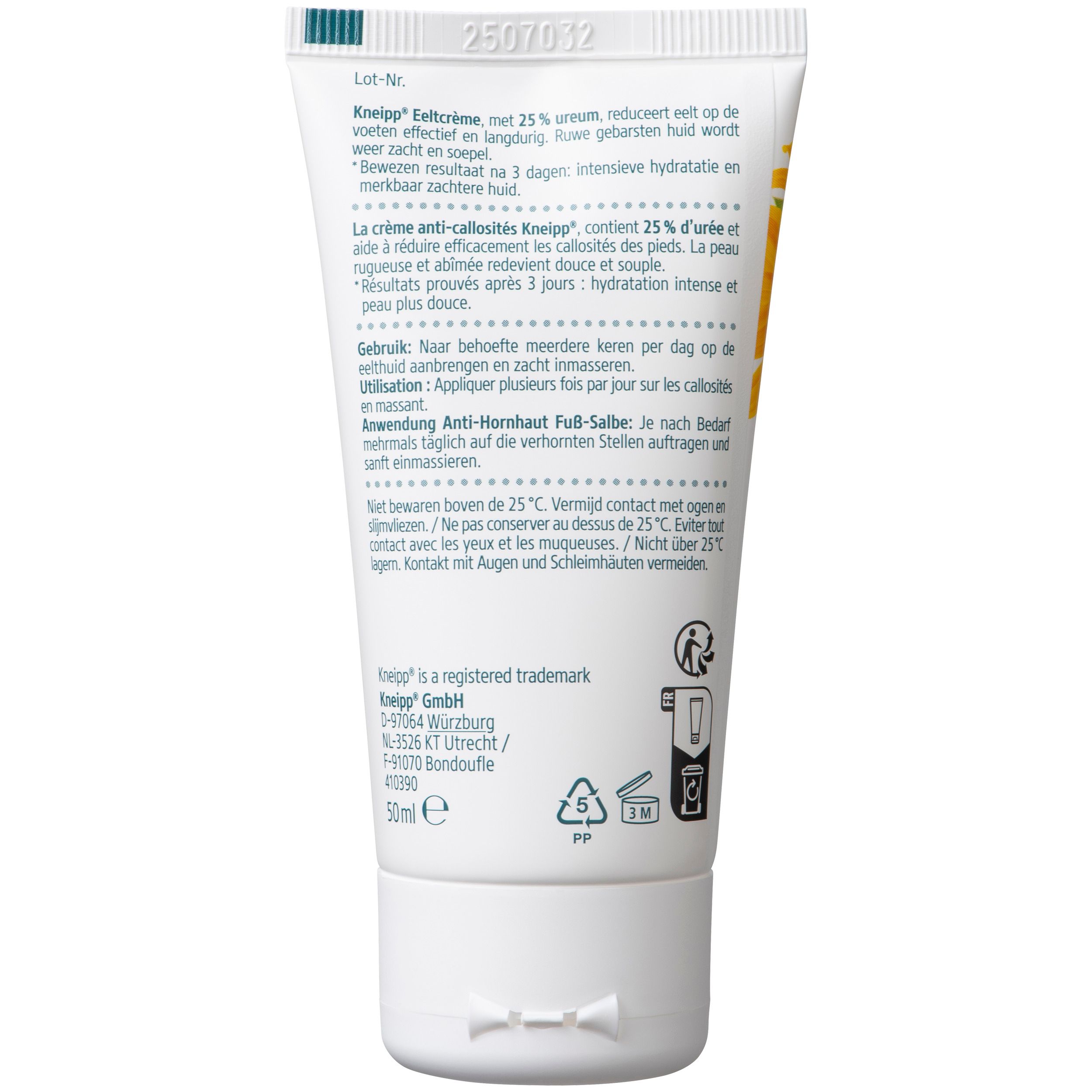 Emballage Kneipp® Eeltcrème. Fleur jaune, texte en néerlandais. Convient aux diabétiques. 25% d'urée. 50ml.