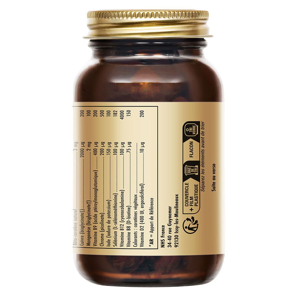 Dos du flacon. Étiquette avec informations nutritionnelles et fabricant.