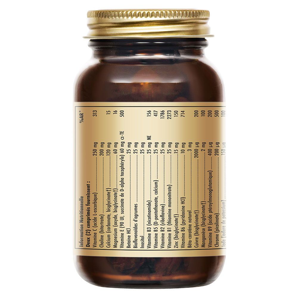 Dos du flacon. Étiquette avec informations nutritionnelles et fabricant.