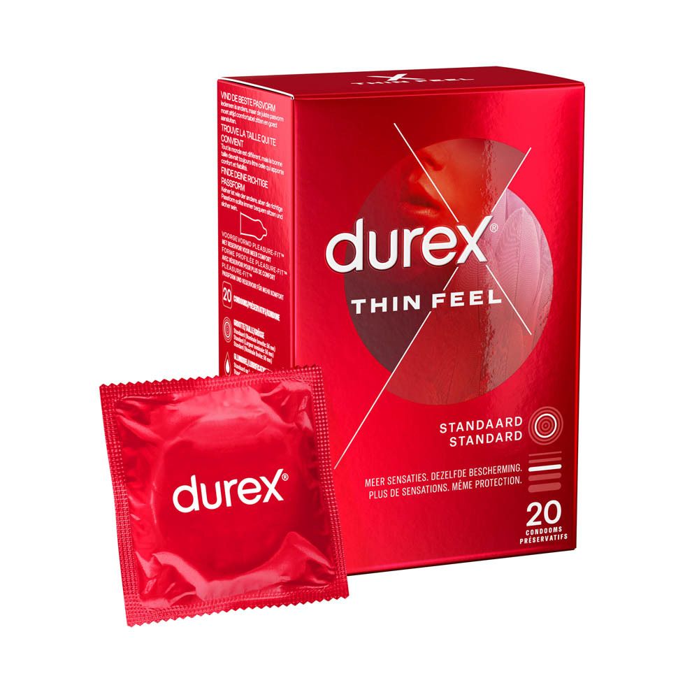 Boîte rouge Durex Thin Feel et préservatif individuel. Boîte de 20 préservatifs. Caractéristiques visibles.