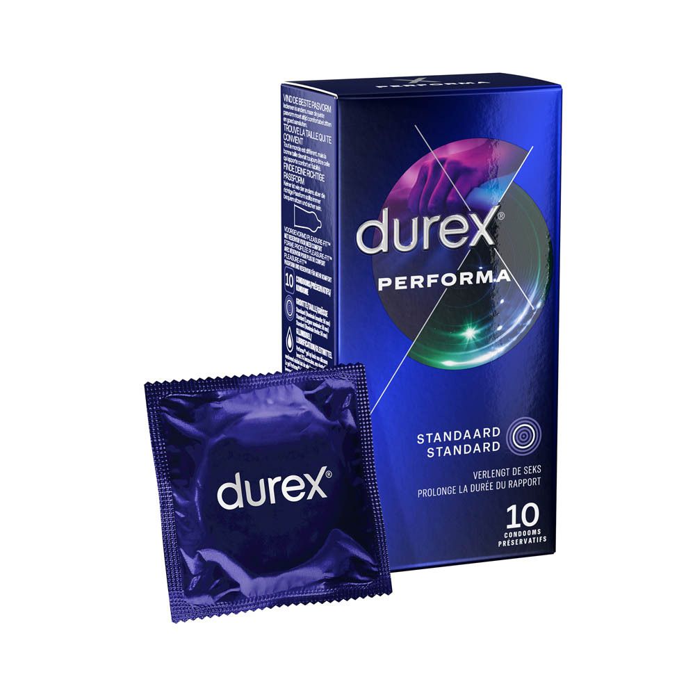 Boîte de 10 préservatifs Durex Performa. Emballage bleu avec logo et nom du produit.