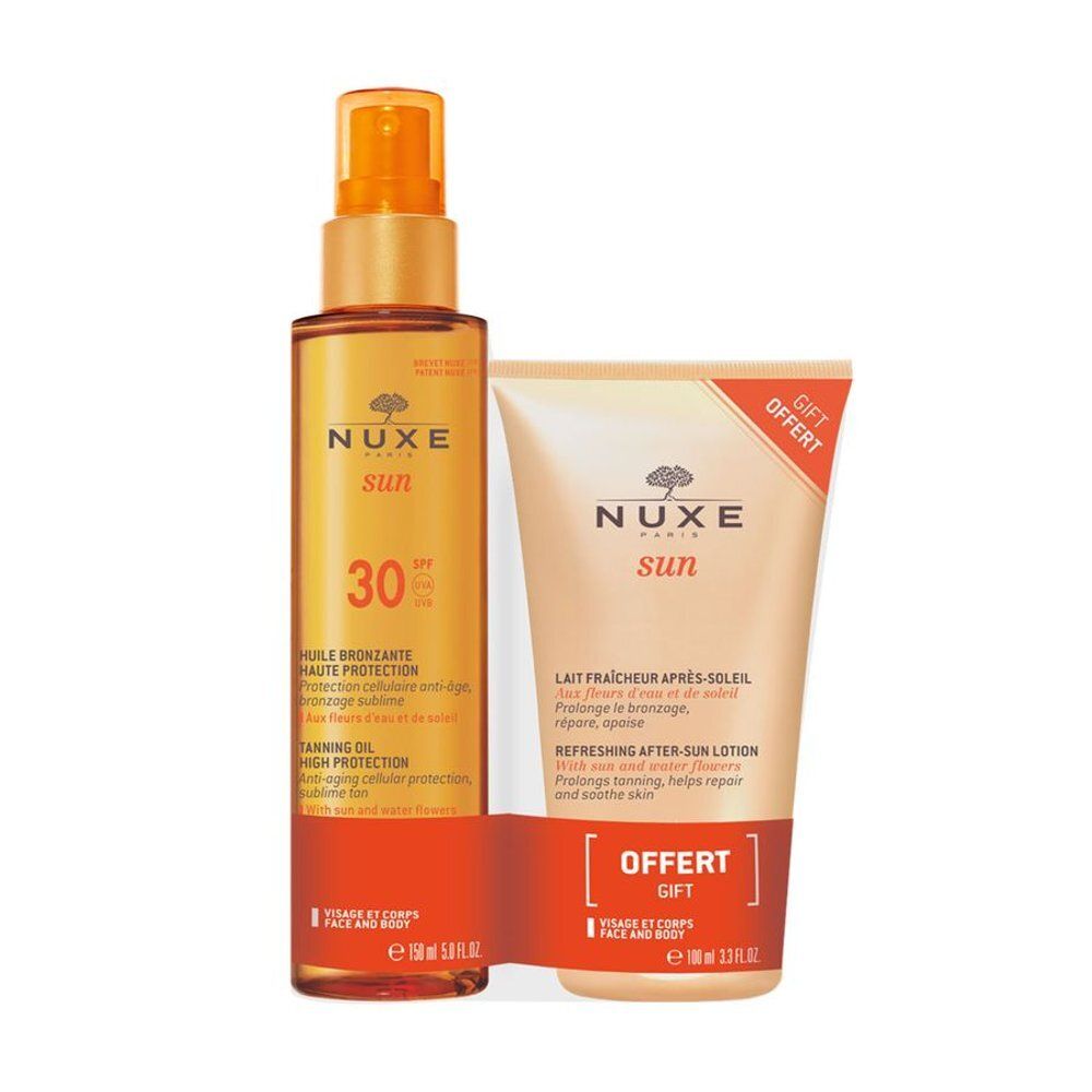 Huile Bronzante Nuxe Sun SPF30 et Lait Après-Soleil.