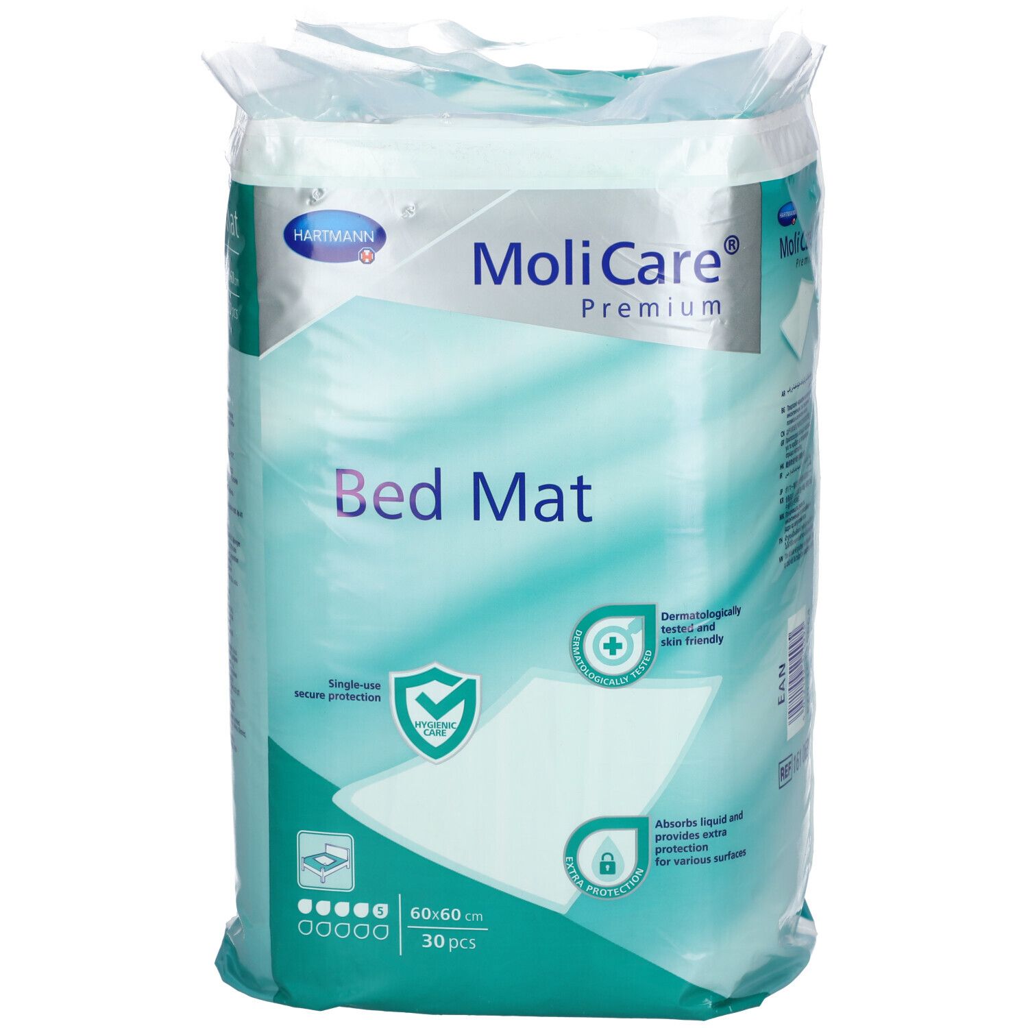 Emballage MoliCare Premium Bed Mat. 60x60cm, 30 pièces. Testé dermatologiquement. Absorbe les liquides. Logo Hartmann.
