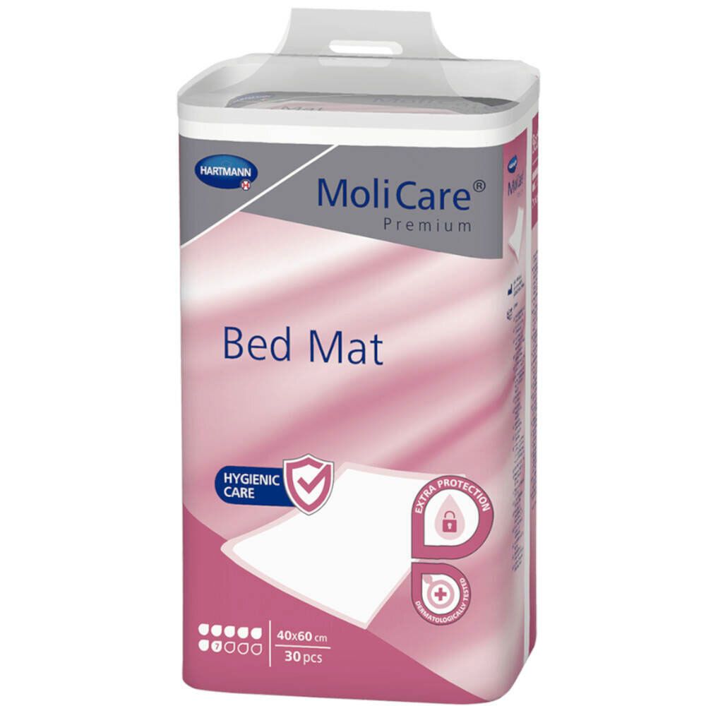 Paquet de MoliCare Premium Bed Mat. Design rose et blanc. 40x60 cm, 30 pièces. Symbole de protection hygiénique. Logo Hartmann.