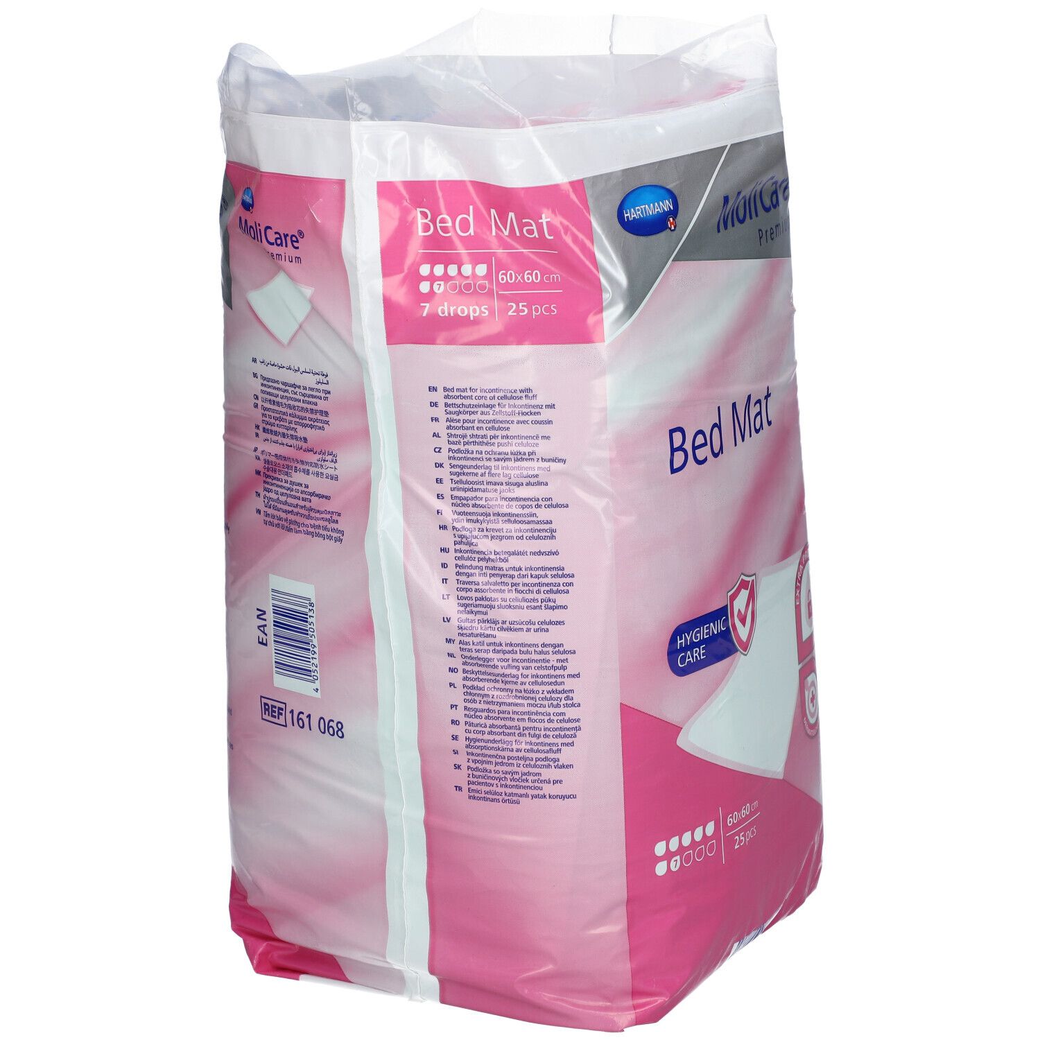 Emballage MoliCare Premium Tapis de Lit. Emballage rose et blanc avec informations et logos. 60x60cm, 25 pièces, 7 gouttes.