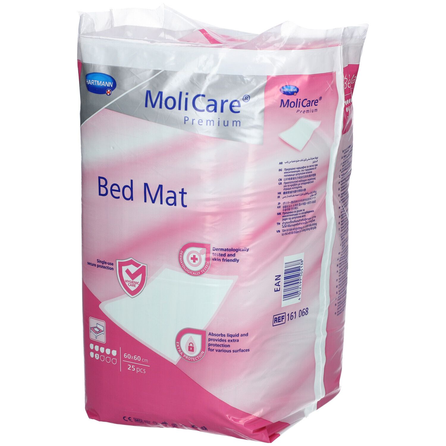 Emballage MoliCare Premium Tapis de Lit. Emballage rose et blanc avec informations et logos. 60x60cm, 25 pièces.