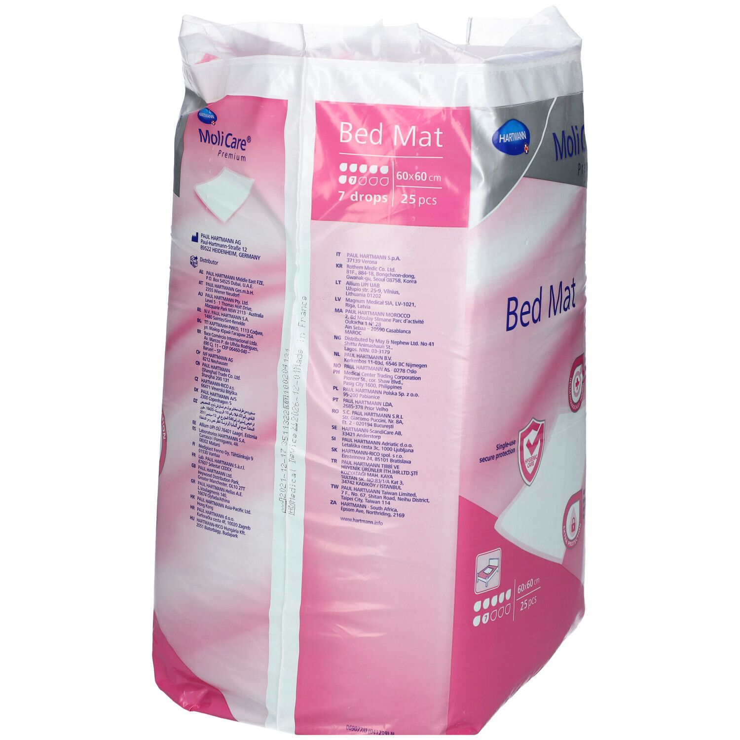 Emballage MoliCare Premium Tapis de Lit. Emballage rose et blanc avec informations et logos. 60x60cm, 25 pièces, 7 gouttes.