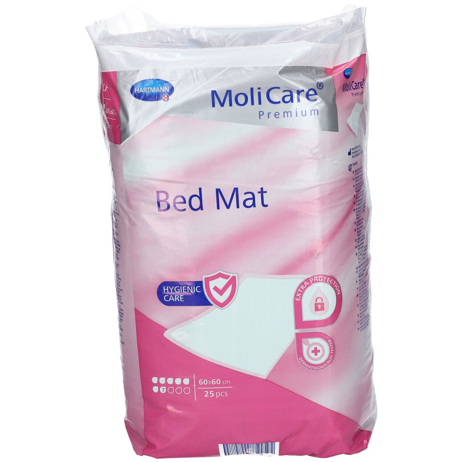 Emballage MoliCare Premium Tapis de Lit. Emballage rose et blanc avec informations et logos. 60x60cm, 25 pièces.