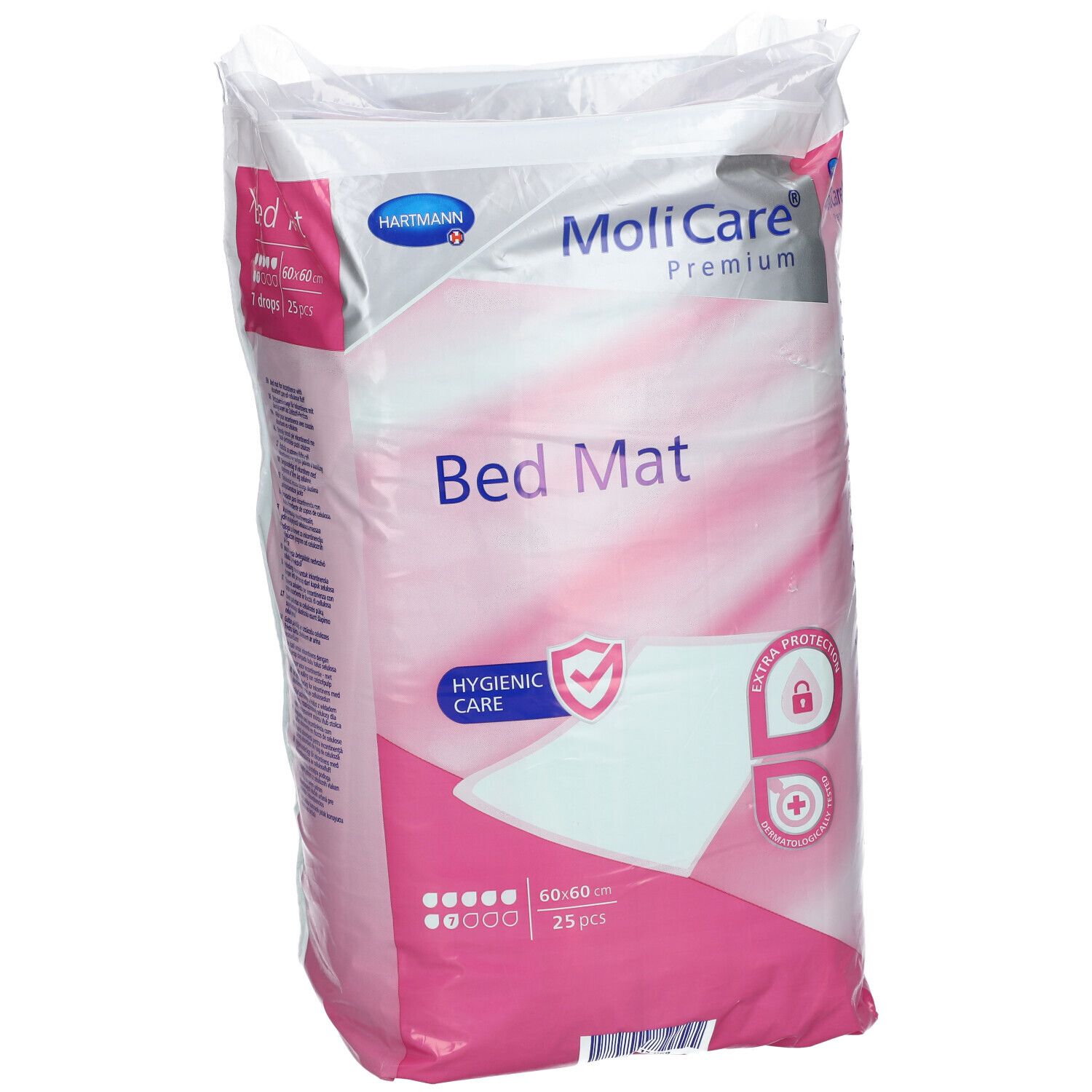 Emballage MoliCare Premium Tapis de Lit. Emballage rose et blanc avec informations et logos. 60x60cm, 25 pièces.