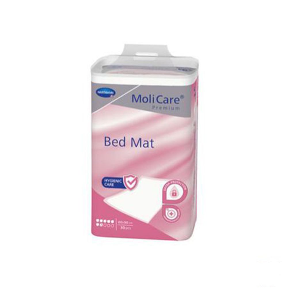 MoliCare Premium Bed Mat, 60x90cm, 25 pièces. Emballage rose et blanc. Logo Hartmann. Soin hygiénique.
