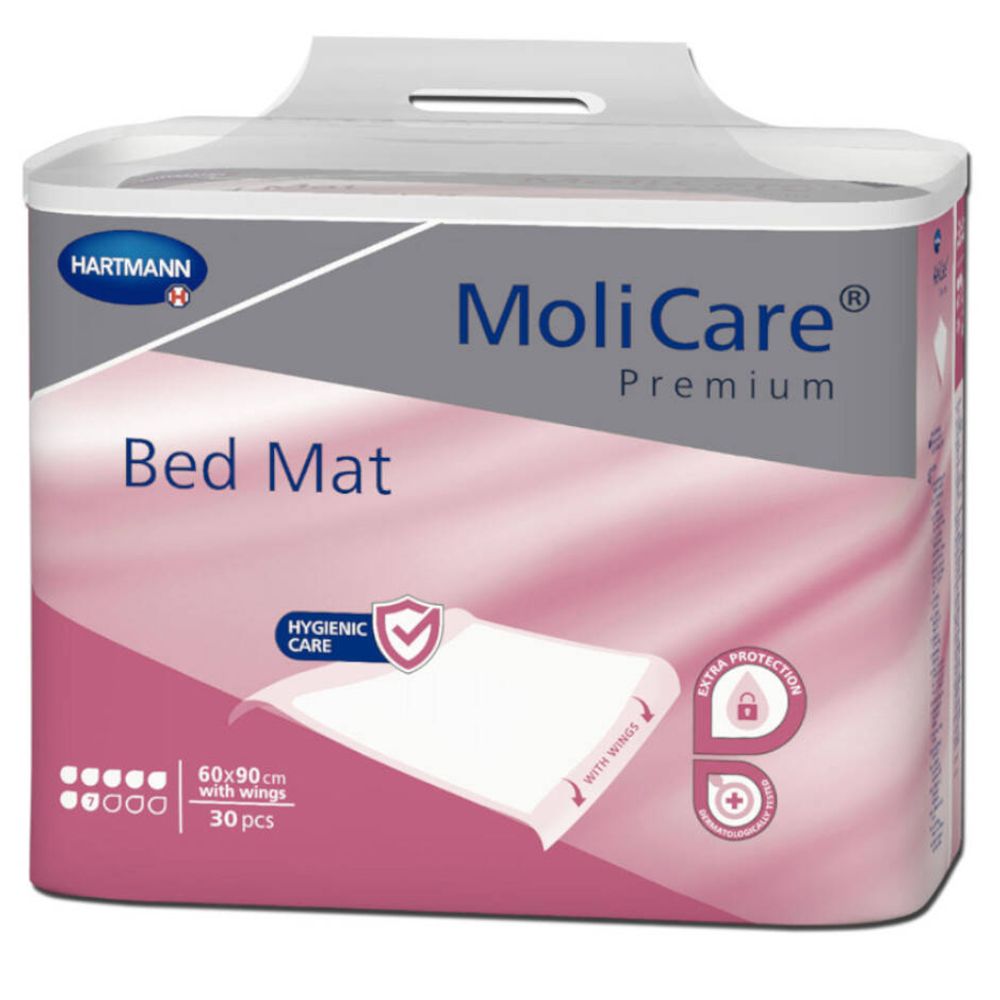 Emballage MoliCare Premium Bed Mat. Design rose et blanc. Contient 30 pièces, 60x90 cm avec ailettes. Marque Hartmann.