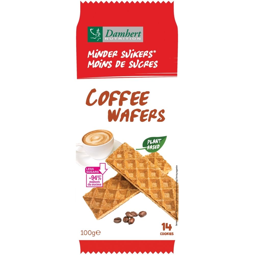 Gaufrettes au café Damhert Low Carb, paquet de 100g avec deux gaufrettes, tasse de café et grains de café.