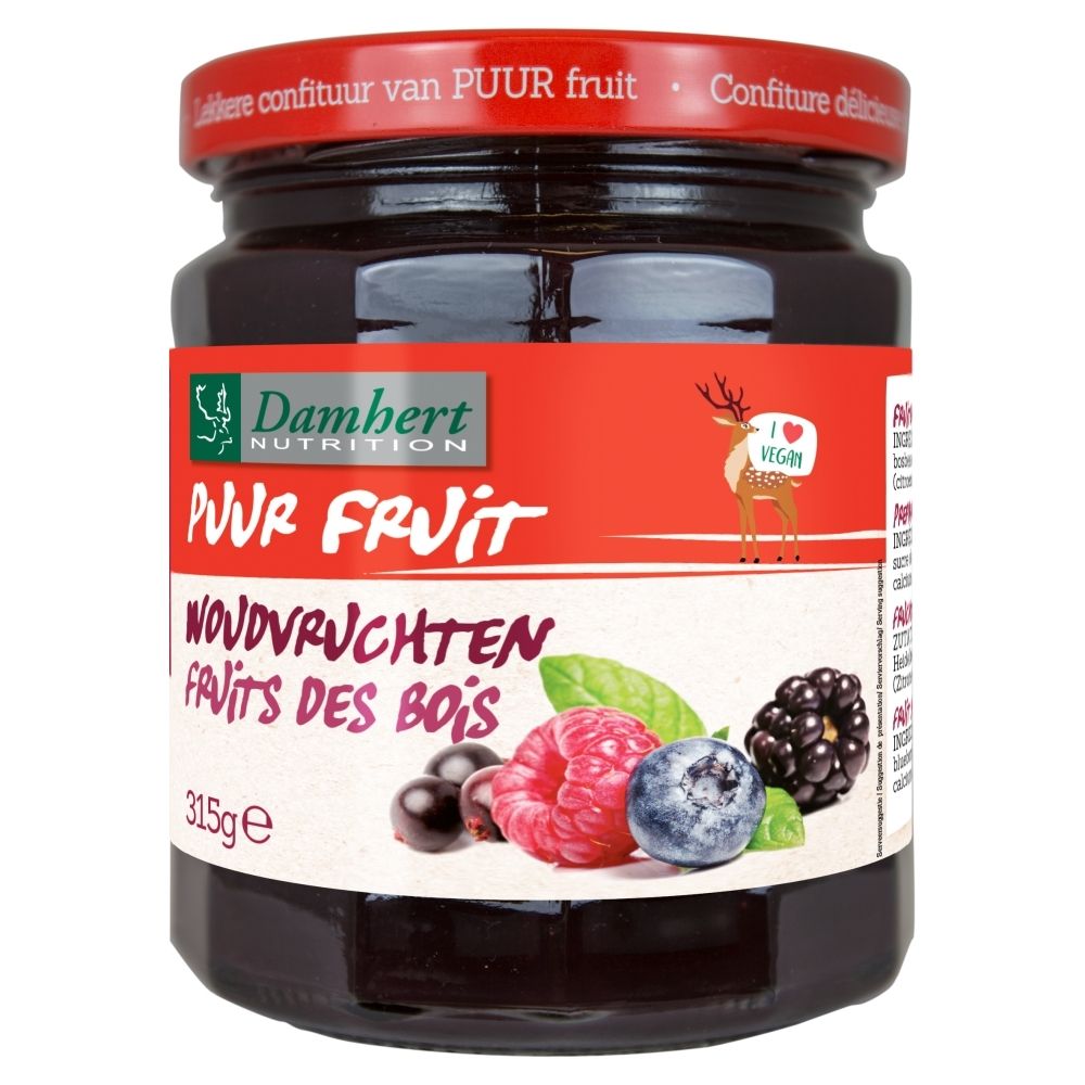 Bocal de confiture de fruits des bois avec couvercle rouge. Étiquette avec baies et 'Damhert Nutrition'.