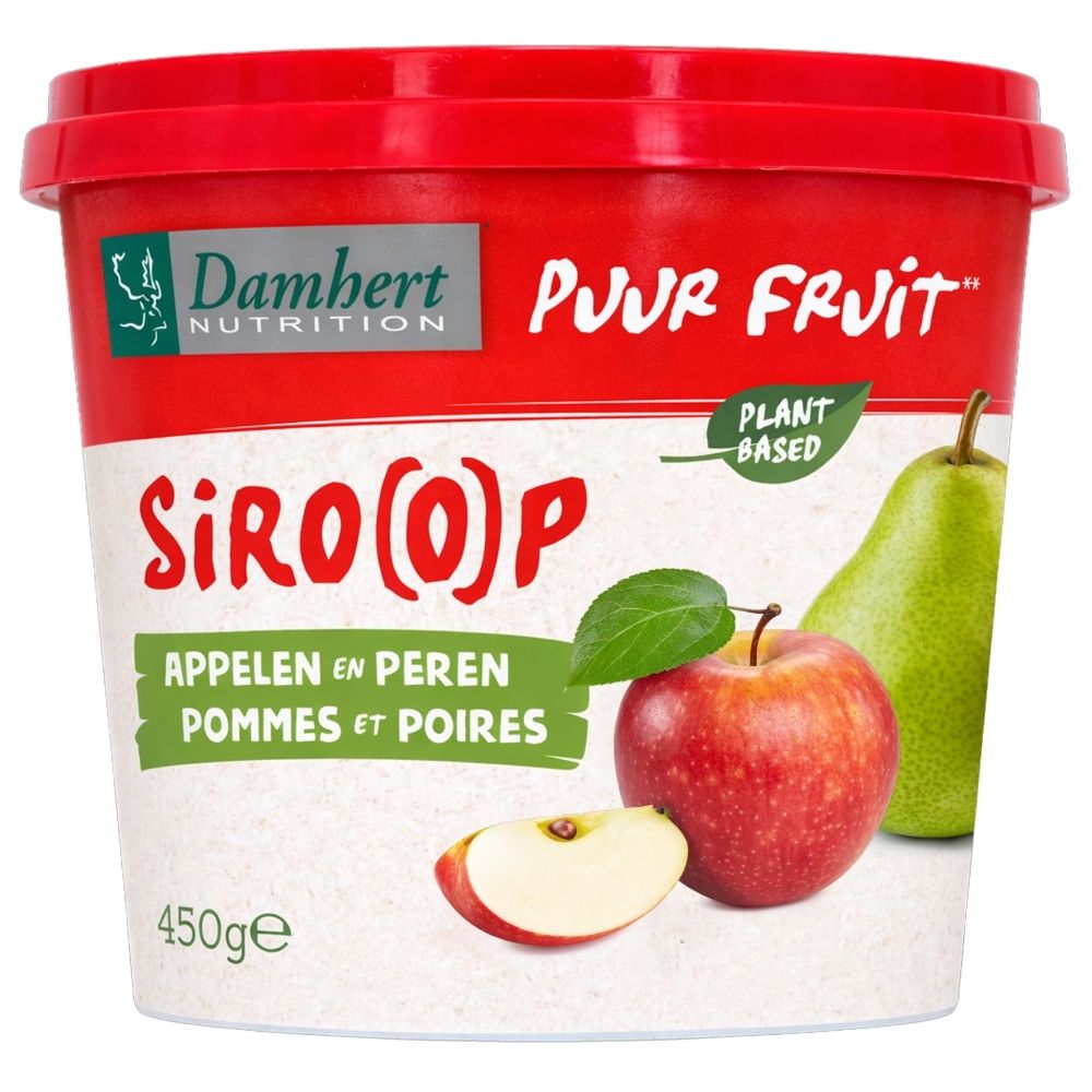 Damhert Pure Fruit Sirop Pommes et Poires dans un pot rouge avec image de pommes et poires.