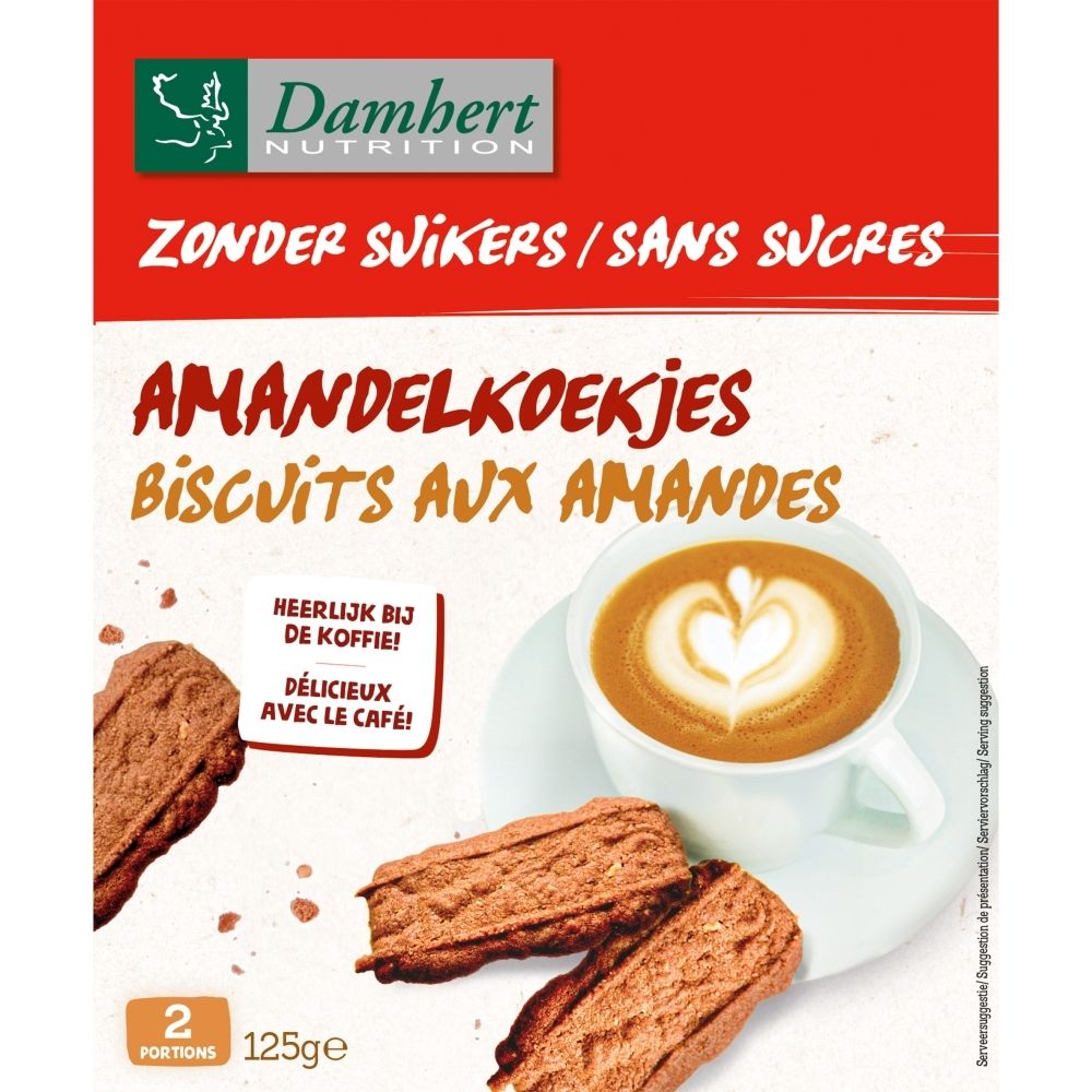 Emballage Damhert Biscuits aux amandes, sans sucre, avec tasse de café et biscuits.