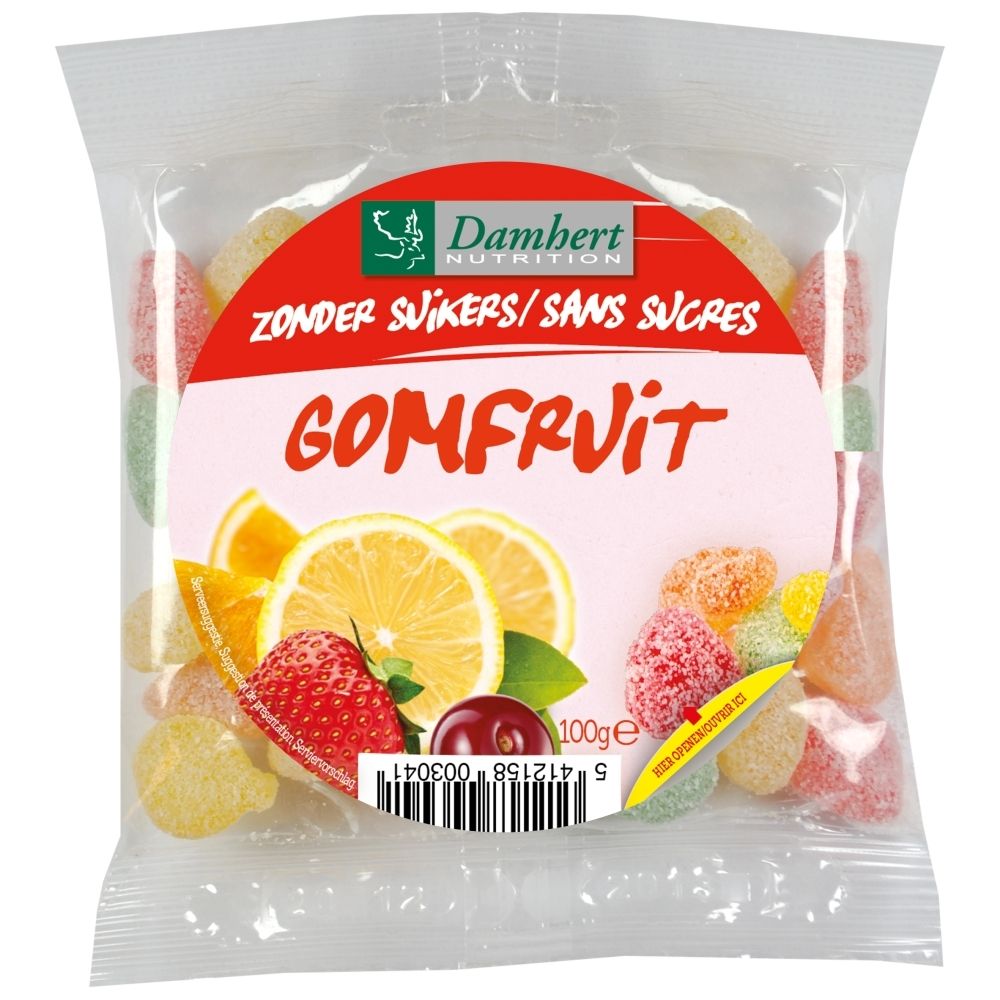Gomfruit bonbons sans sucre en forme de fruits, emballés dans un sachet avec étiquette.