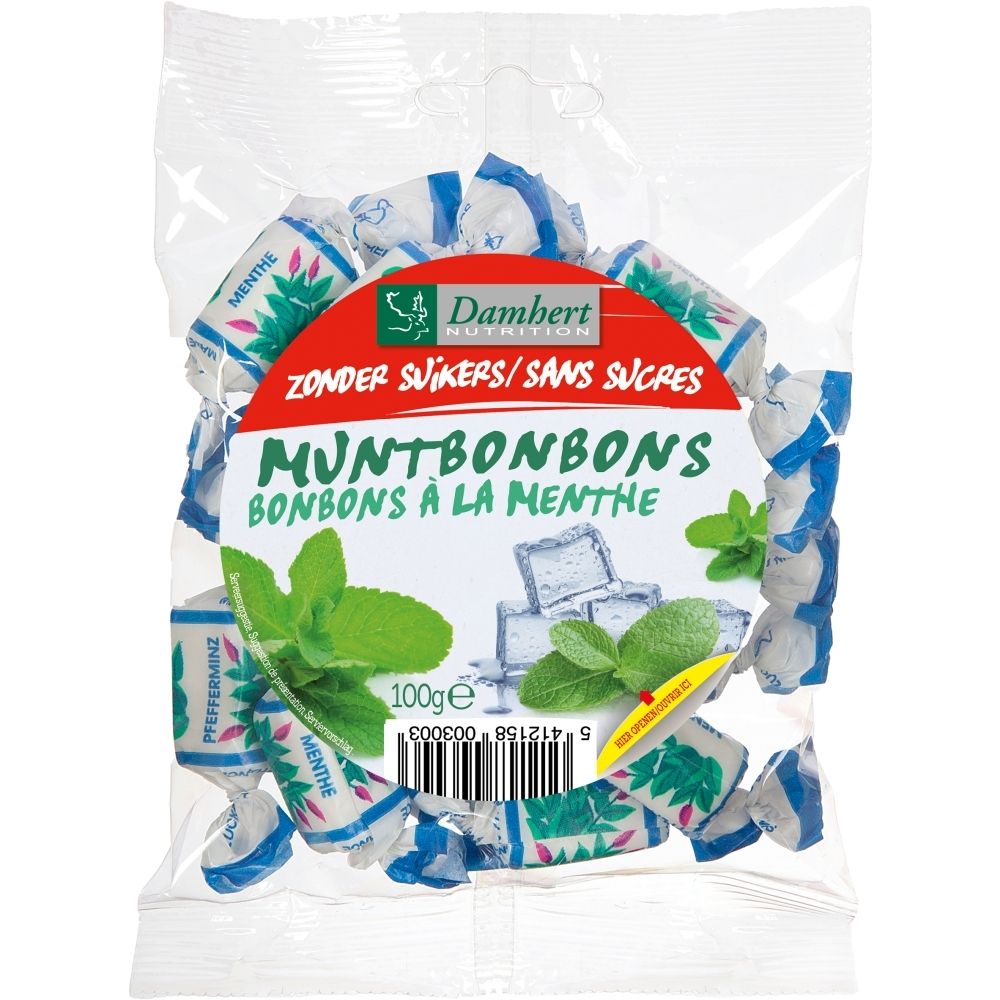 Sachet de bonbons à la menthe, sans sucre, 100g.