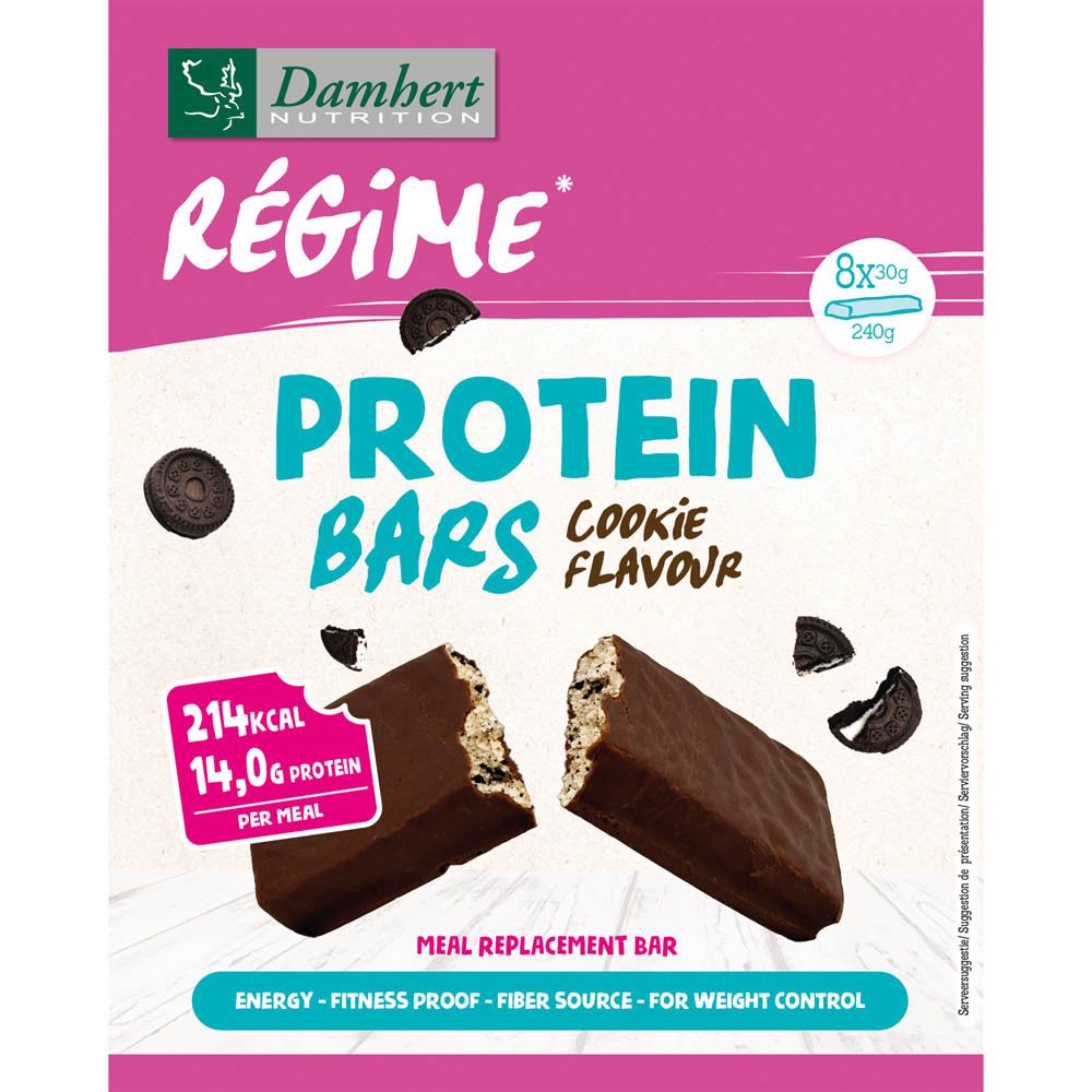 Boîte rose de barres protéinées. Inscription : Damhert, Protein Bars, Cookie Flavour. 8 barres, 240g.
