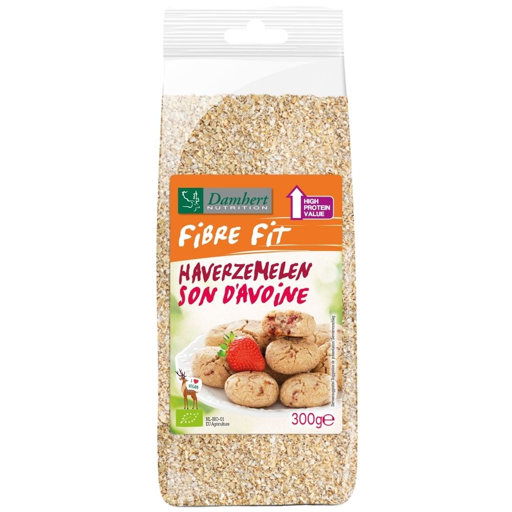 Damhert Fibre Fit Son d'avoine BIO, sachet de 300g avec flocons d'avoine et biscuits.