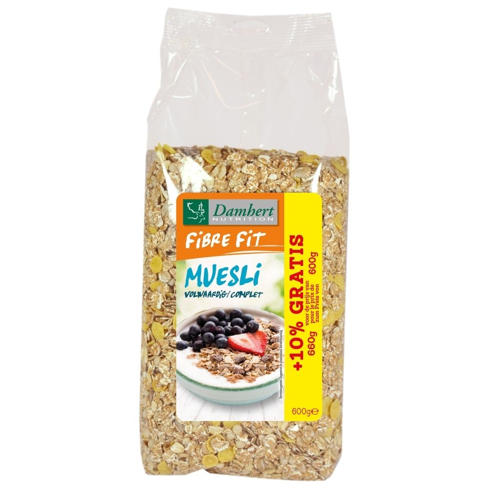 Damhert Fibre Fit Muesli sans sucre, paquet de 600g avec image d'un bol de muesli.