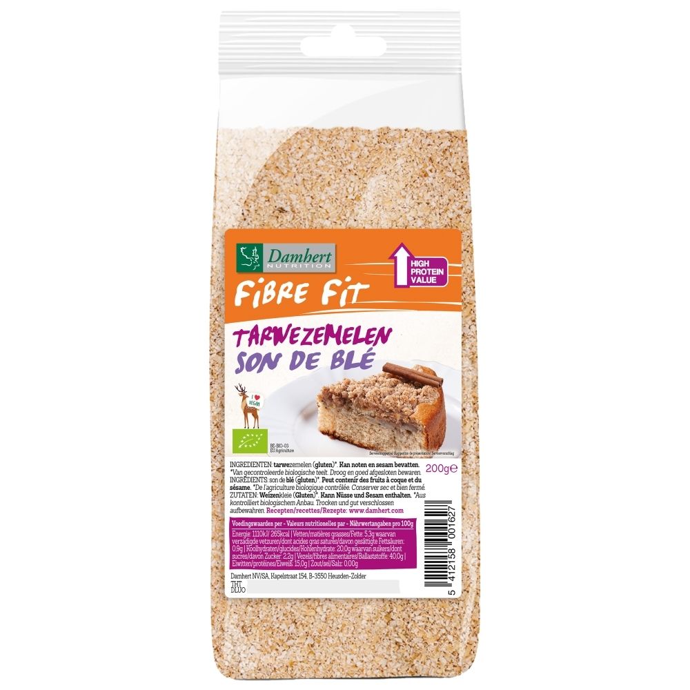Damhert Fibre Fit Son de Blé BIO, paquet de 200g avec image d'un gâteau.