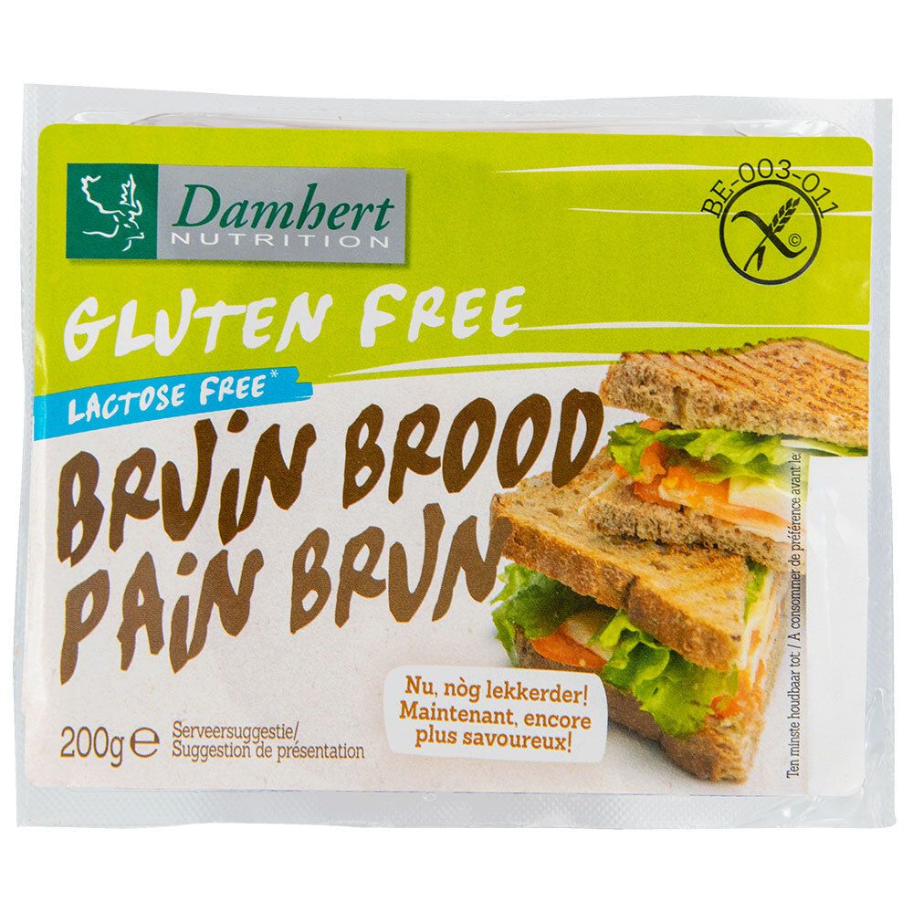 Emballage de Damhert Graubrot. Sans gluten et sans lactose. Inscription: Bruin Brood/Pain Brun. Image d'un sandwich.