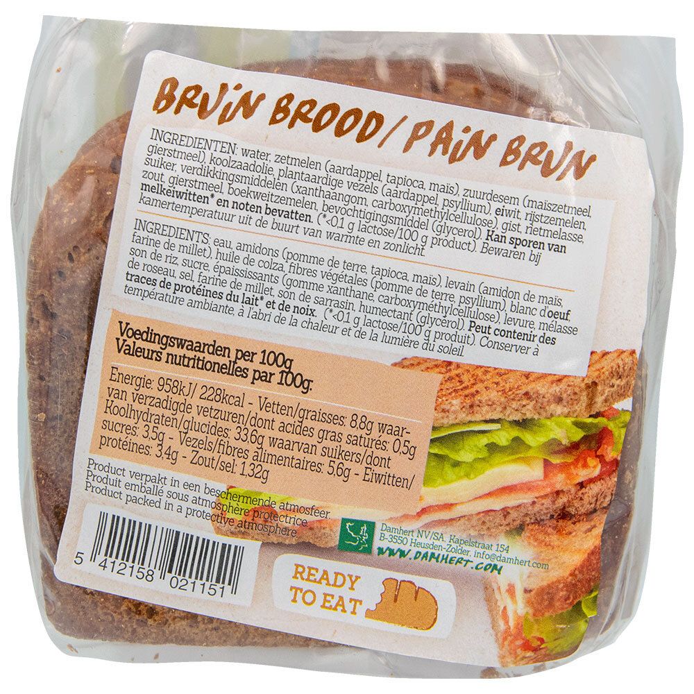 Damhert Graubrot emballé. Inscription avec informations nutritionnelles et ingrédients. Autocollant: Ready to eat. Image d'un sandwich.
