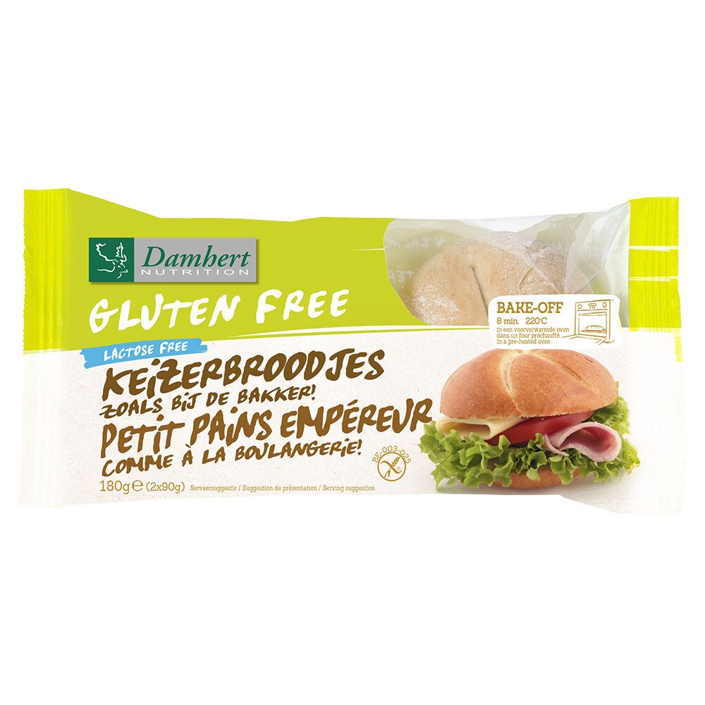 Paquet de petits pains sans gluten. Inscription : Sans gluten, sans lactose. Illustration d'un petit pain garni.