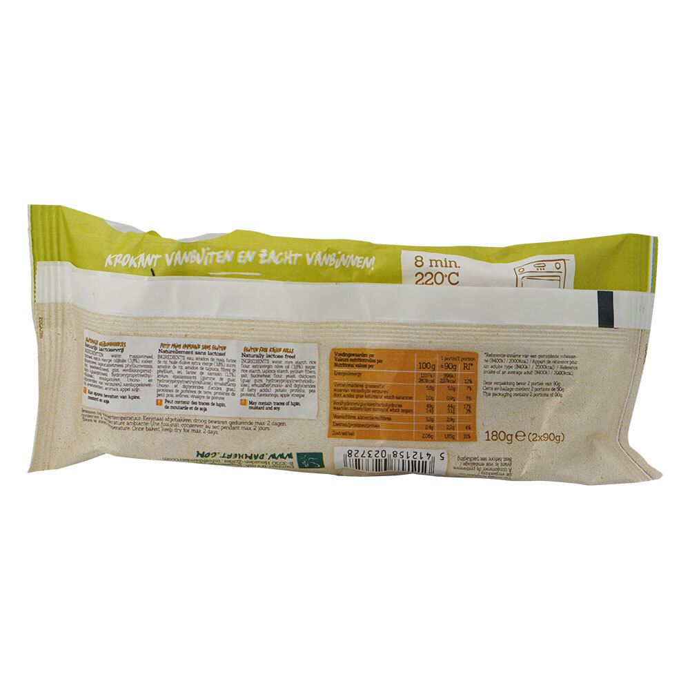 Dos du paquet de petits pains. Contient des informations nutritionnelles et des instructions de préparation.