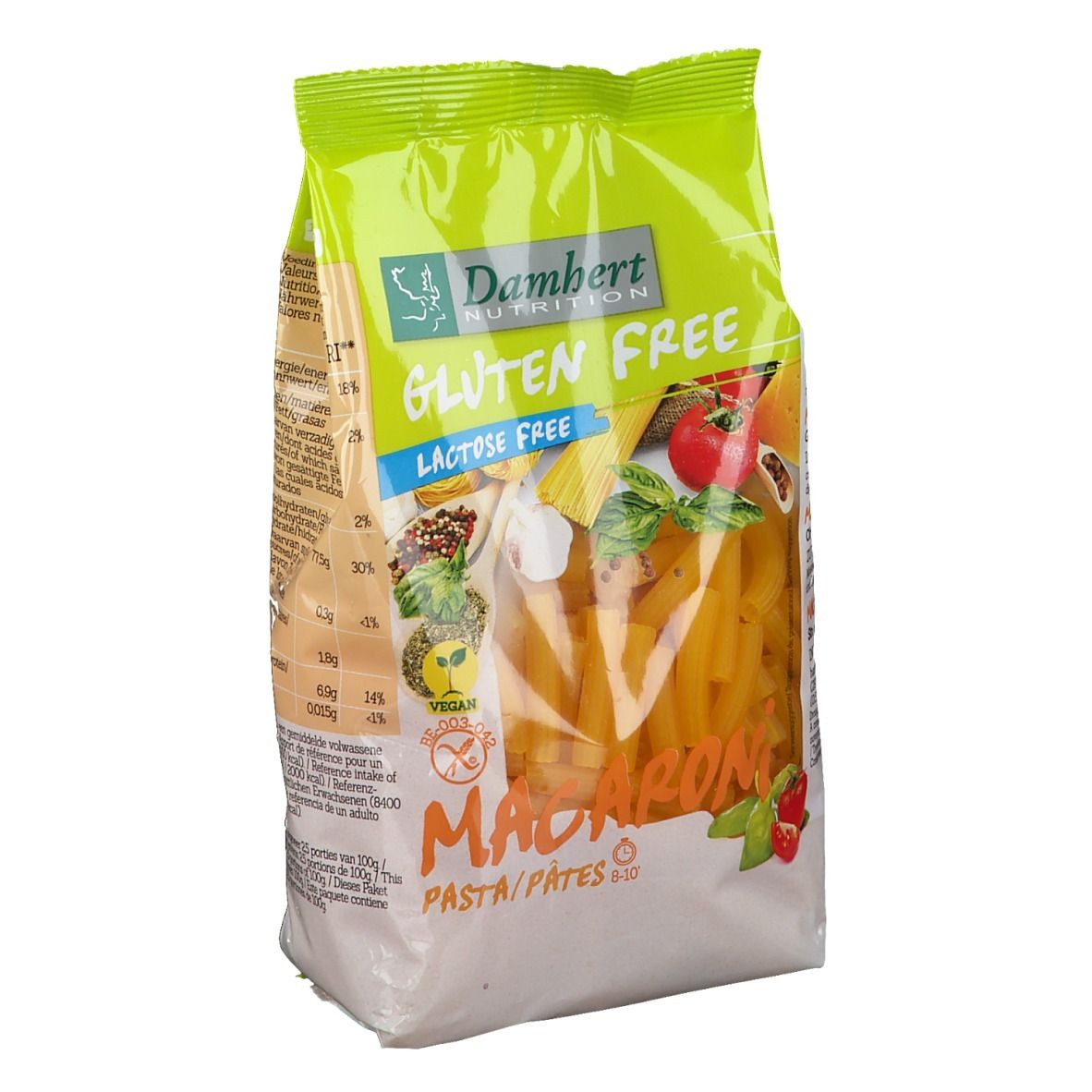 Paquet de macaronis sans gluten. Emballage vert et blanc avec nom et logo du produit. Macaronis visibles à travers une fenêtre transparente.