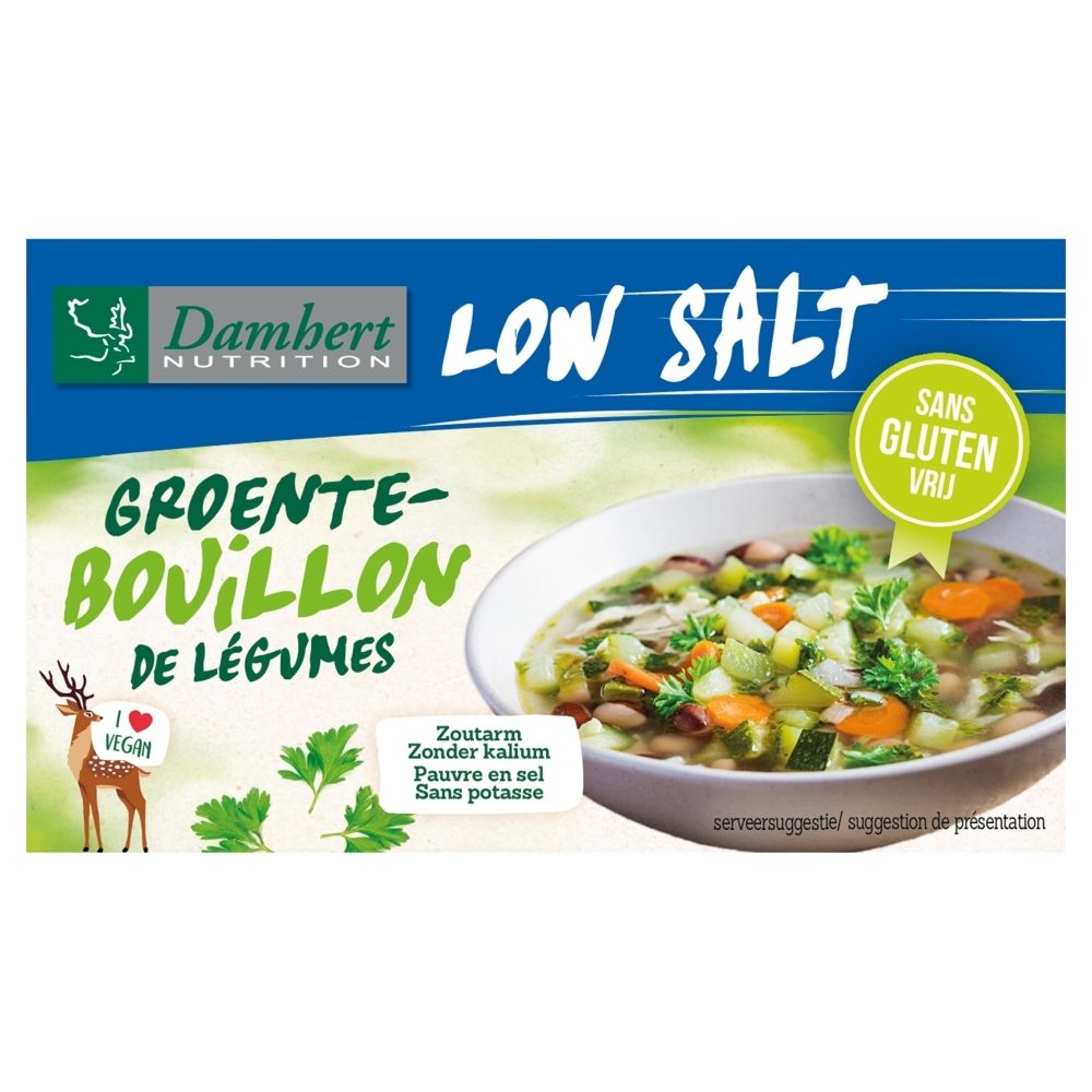 Bouillon de légumes faible en sel Damhert, sans gluten. L'emballage montre un bol de bouillon de légumes.