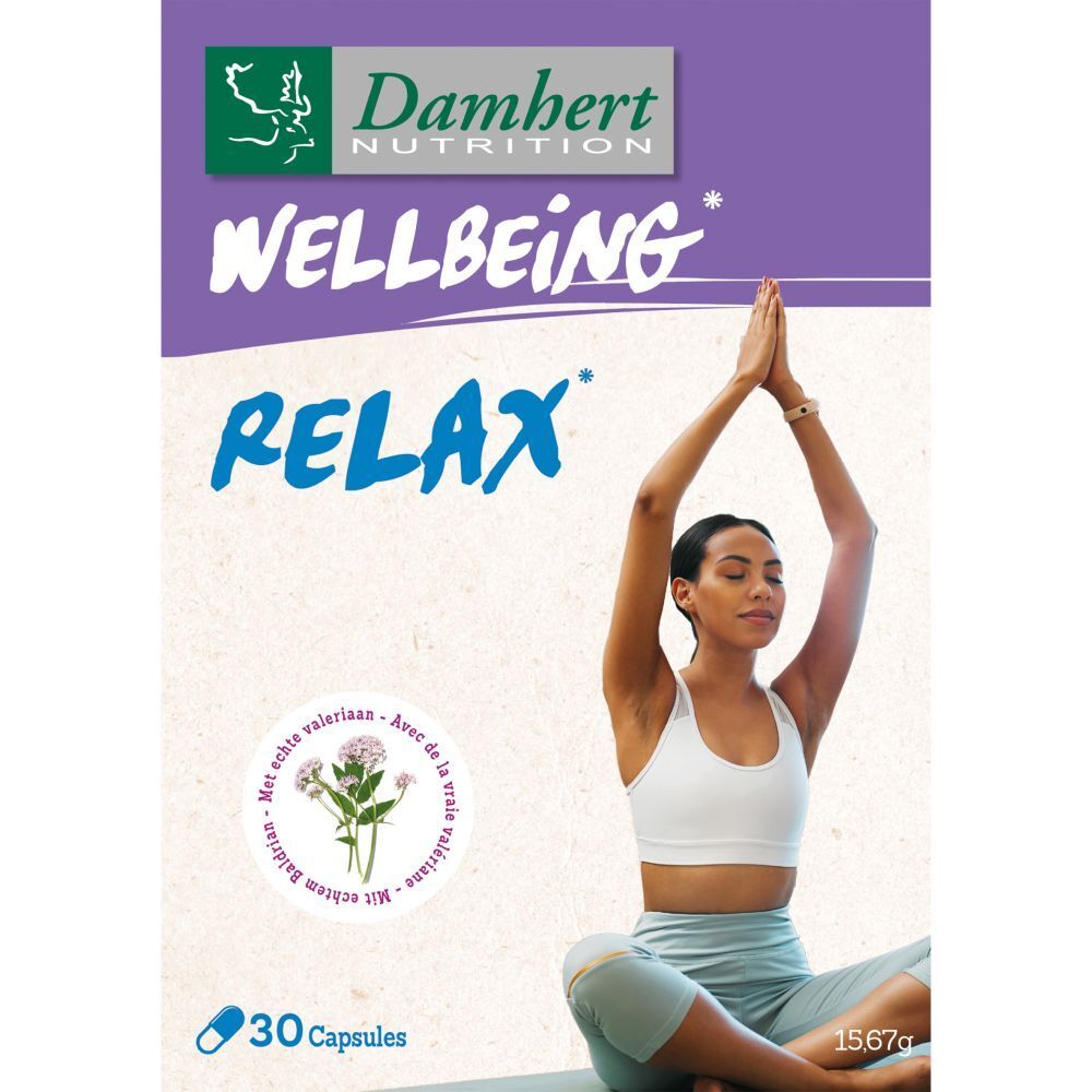 Boîte Damhert Wellbeing Relax. Femme en yoga. 30 capsules. Violet et blanc.