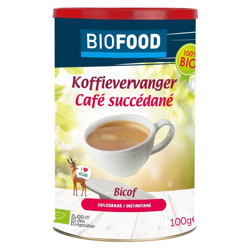 Boîte BIOFOOD Bicof Café instantané, 100g. Inscription française "Café succédané".