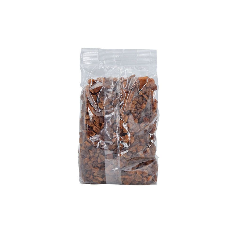 Raisins secs dans un emballage transparent. Les raisins secs sont visibles.