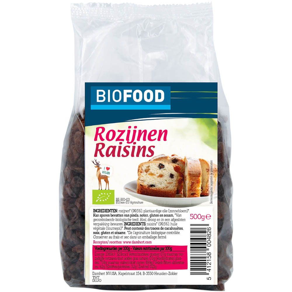 BIOFOOD Raisins Bio dans un emballage transparent. Étiquette avec informations et label bio. Contenu de 500g.