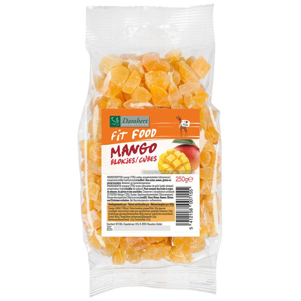 Cubes de mangue séchée dans un emballage transparent. Étiquette avec nom du produit, marque Damhert Fit Food et image de mangue.