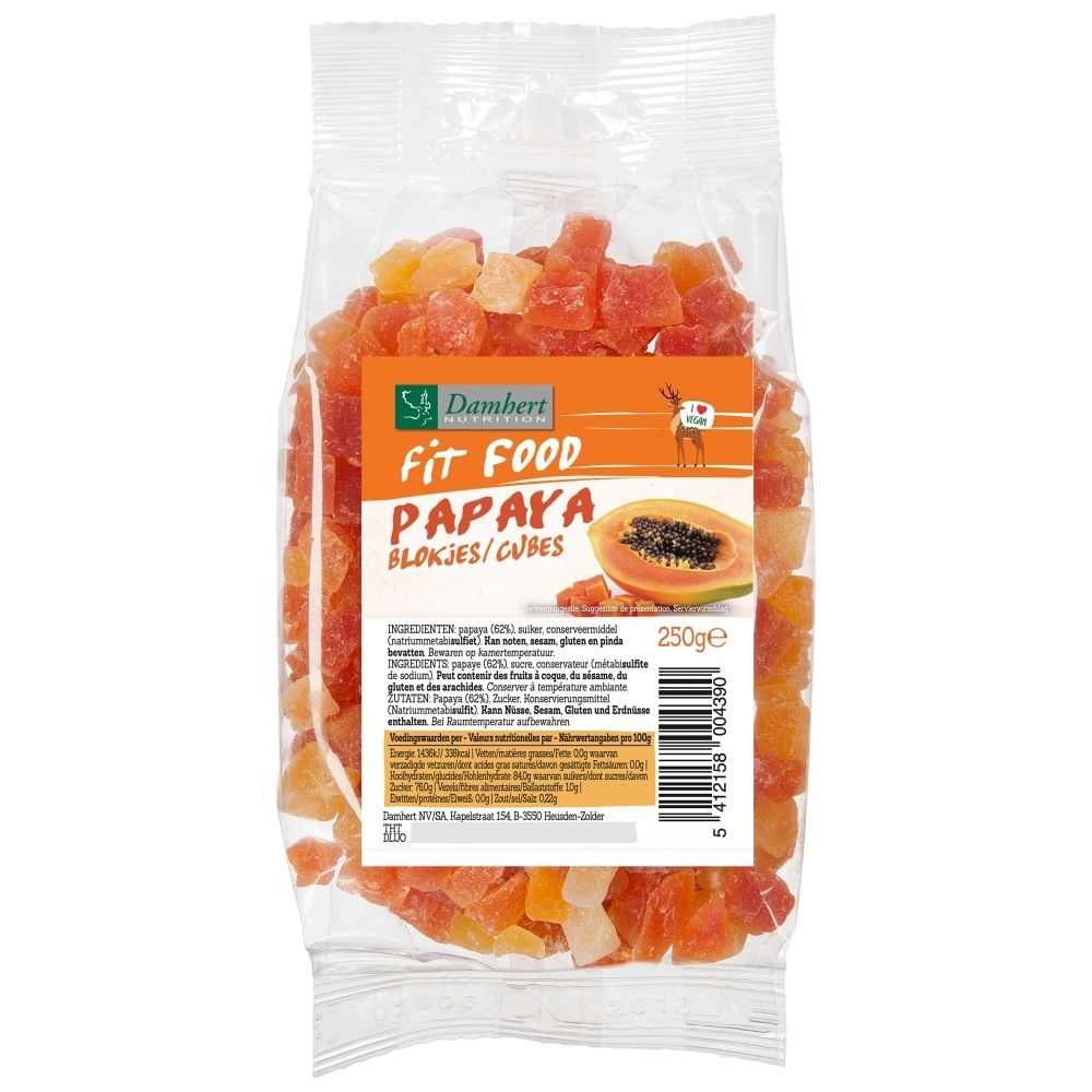 Emballage de dés de papaye séchés, 250g.