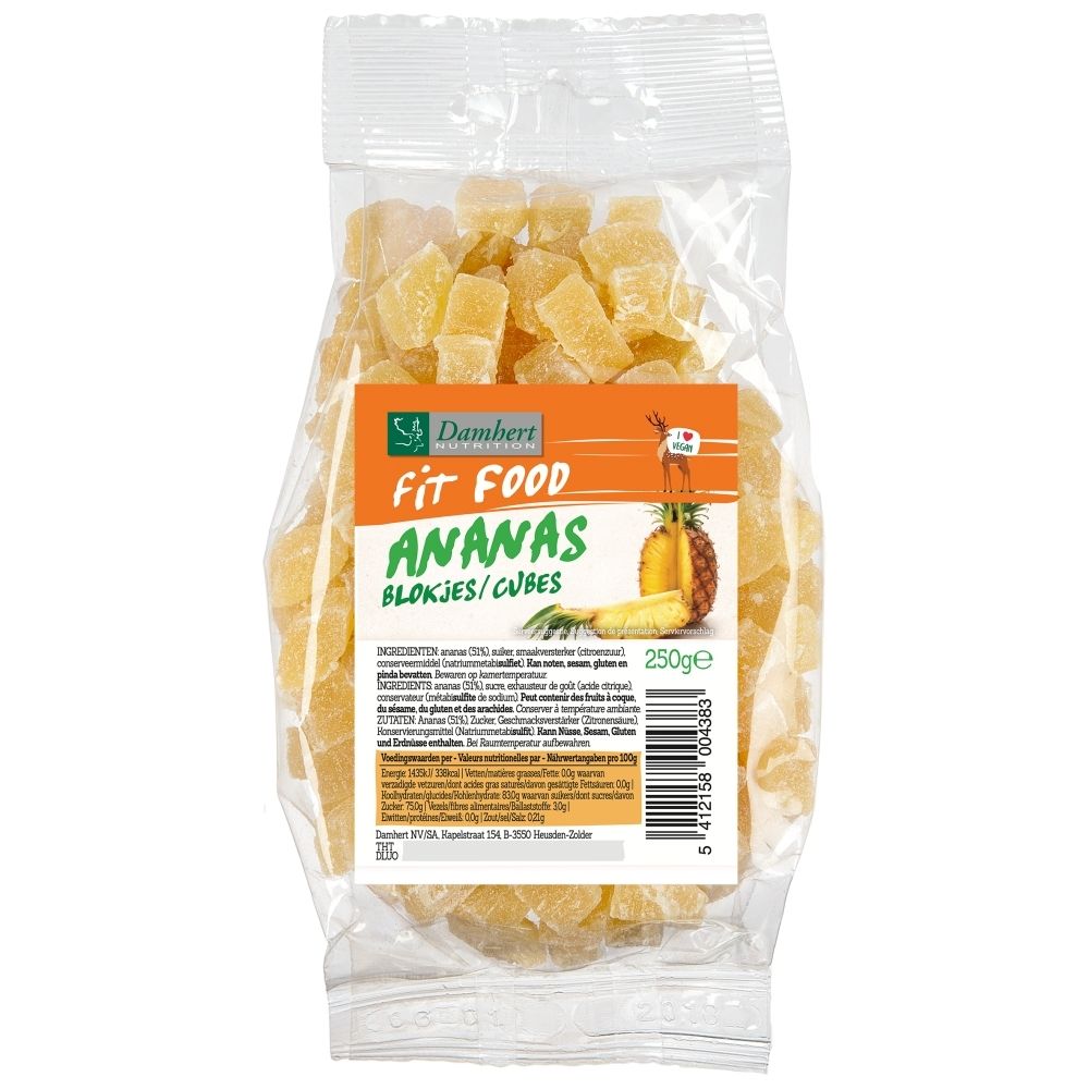 Emballage de cubes d'ananas Damhert Fit Food, 250g.
