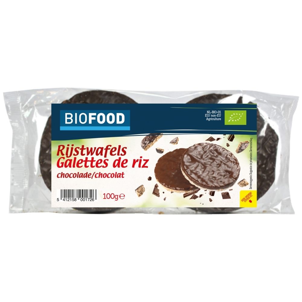 Galettes de riz BIOFOOD au chocolat, paquet de 100g.