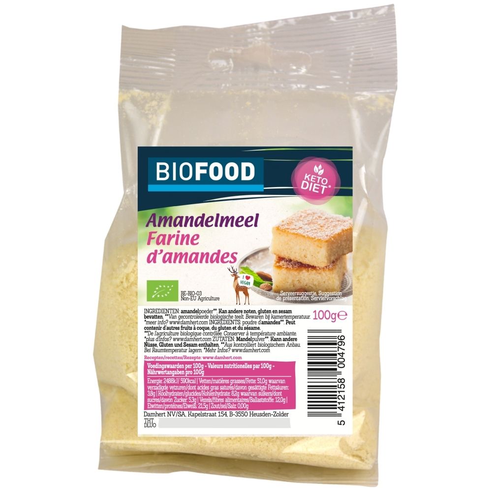 Farine d'amandes BIOFOOD, sachet de 100g avec image de gâteau.