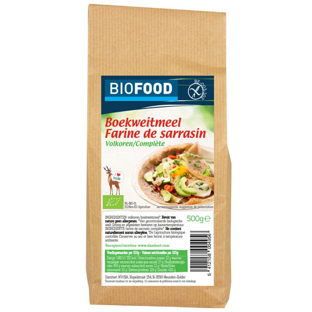 Sac en papier brun avec étiquette BIOFOOD. Inscription: Farine de sarrasin complète. Label bio et sans gluten. Contient 500g.