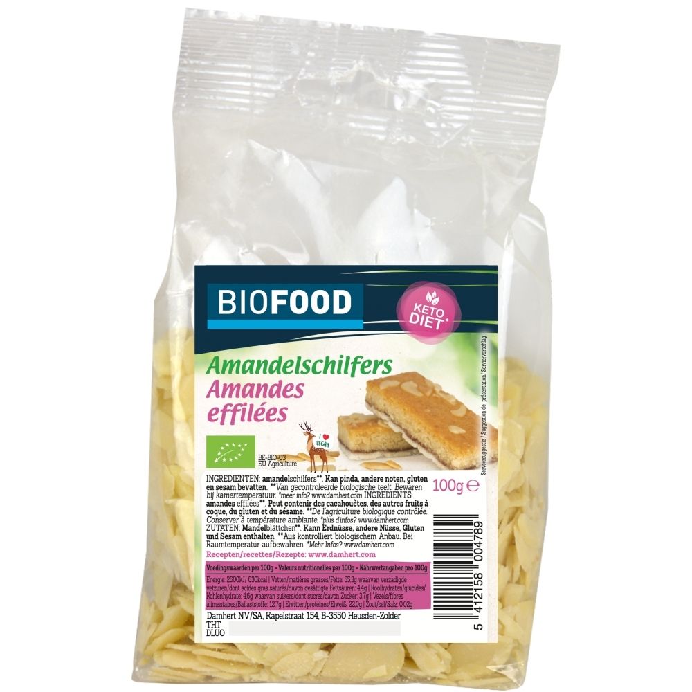 BIOFOOD Amandes effilées, 100g, avec label bio et indication Keto Diet.