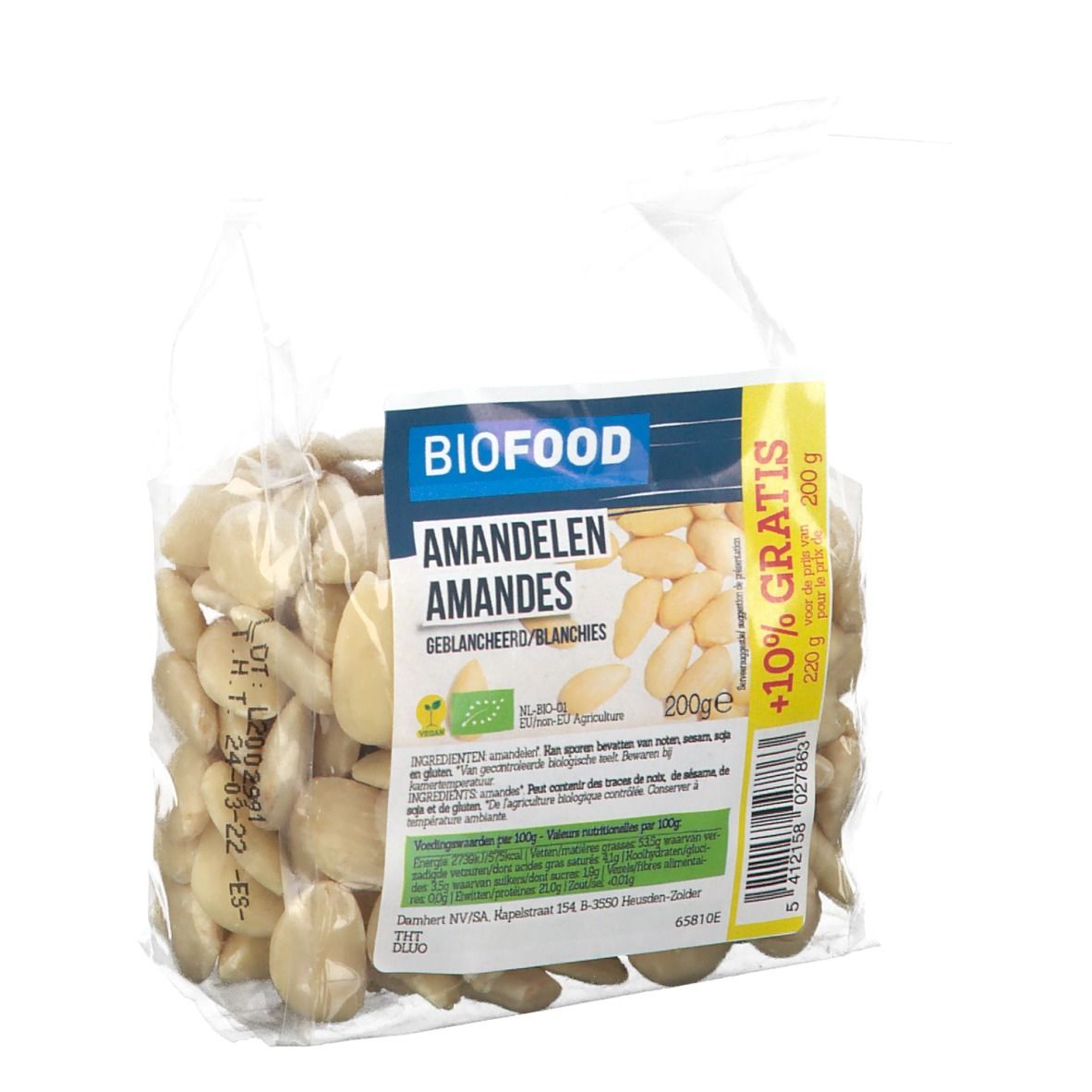 Sachet transparent d'amandes. Étiquette "BIOFOOD", "Amandelen/Amandes", logo bio UE, 200g, +10% gratuit.