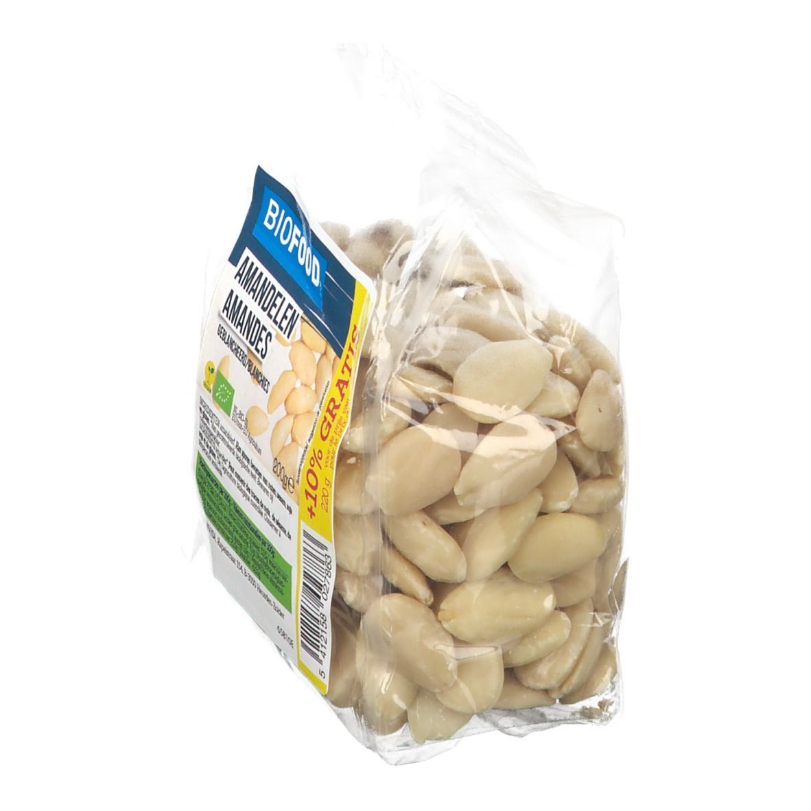 Sachet plastique d'amandes, vue latérale. Étiquette "BIOFOOD", "Amandelen/Amandes", logo bio UE, +10% gratuit.