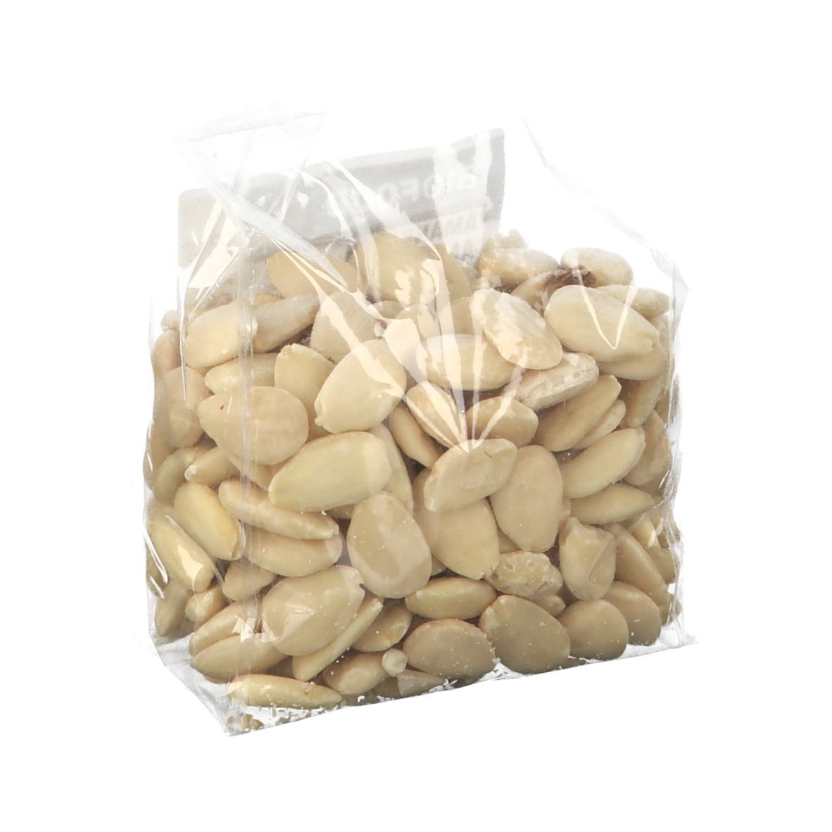 Sachet transparent d'amandes, légèrement incliné. Amandes visibles. Pas d'autre texte visible.