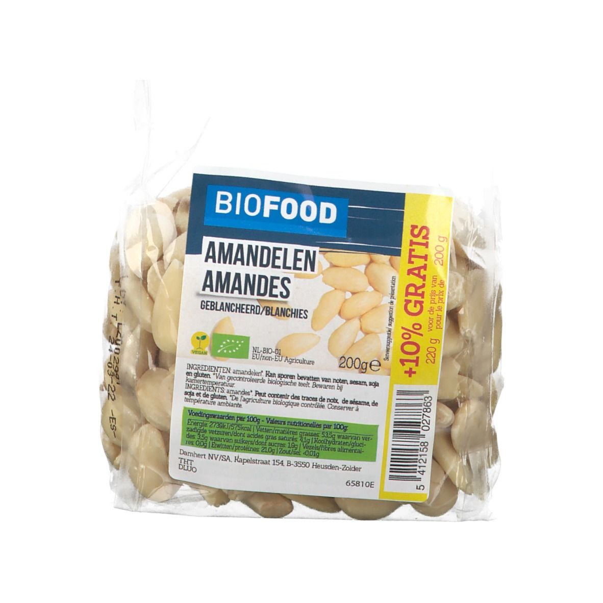Sachet transparent d'amandes. Étiquette "BIOFOOD", "Amandelen/Amandes", logo bio UE, 200g, +10% gratuit.