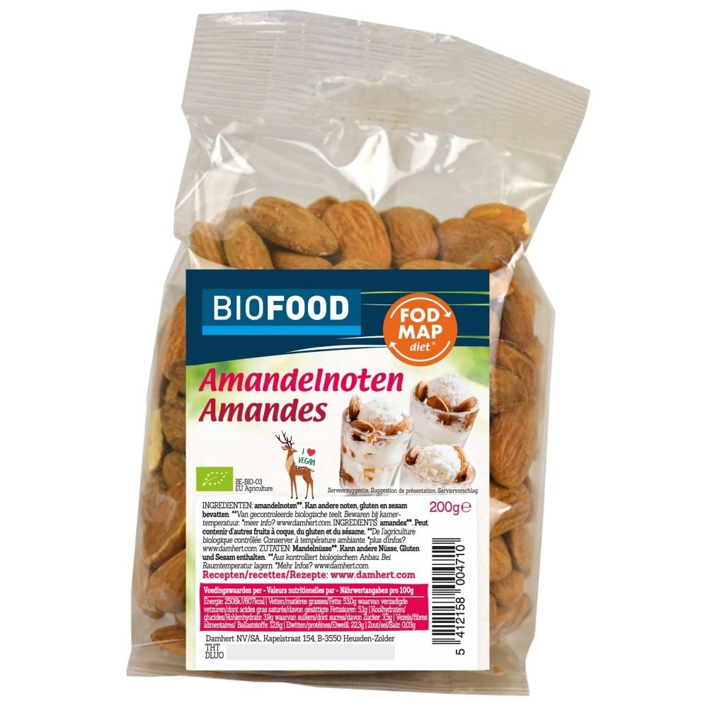 Amandes bio dans un sac transparent, symboles "FODMAP" et "Keto Diet", 200g.
